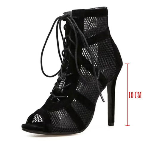 Lace-Up Sandals Heels 9CM Women's Shoes Summer 2022 Trend Black Sexy Peep Toe Boots Fashion Cloth Stilettos Jazz Dance Female