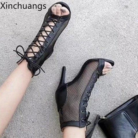 Women Summer Hollow Mesh Heels Sandals Lace-Up Peep Toe Boots Dance Female Shoes