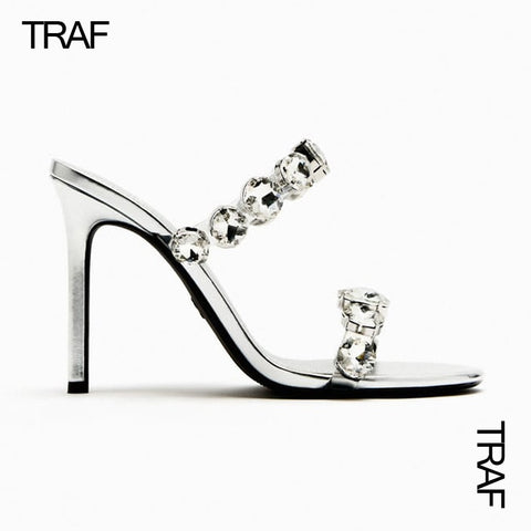 TRAF Rhinestone Heeled Sandals Women's Mules Sandals Summer 2023 Luxury Designer Stiletto Transparent High-heeled Sandals Ladies