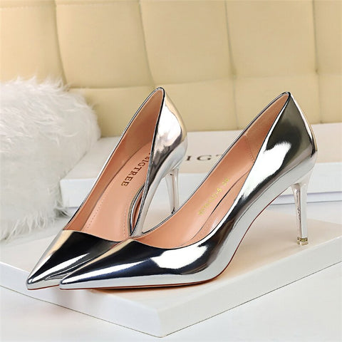 Women Patent Leather Pumps 7.5cm 10.5cm High Heels Lady Stiletto Low Heels Wedding Bridal Mteallic Silver Gold Sparkly Shoes