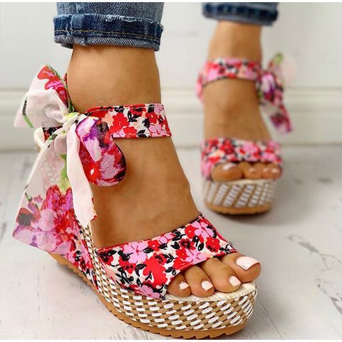 Ladies Summer Beach Boho Floral Wedge Sandals Women Ankle Strap Platform Gladiator Shoes Woman High Heels Sandalias Mujer