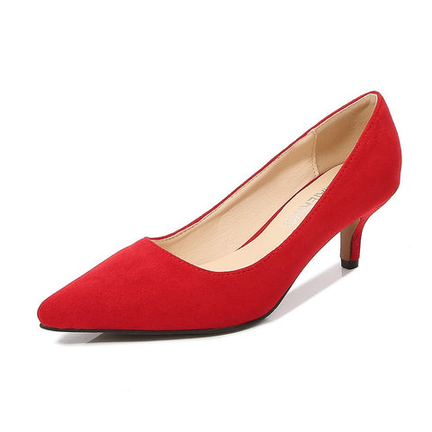 5cm New Fashion Pointed Toe Flock Pumps Low Heels Ladies Dress Women Red Shoes 44 45 46