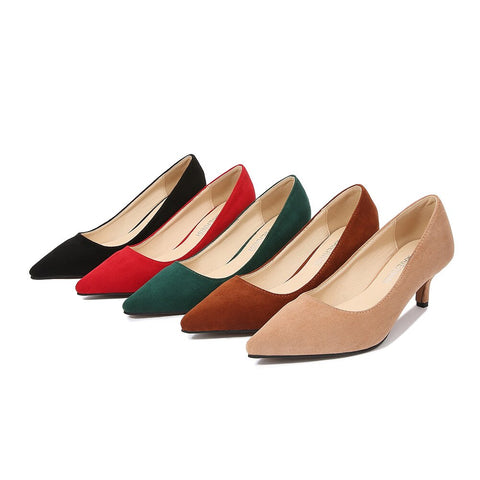 5cm New Fashion Pointed Toe Flock Pumps Low Heels Ladies Dress Women Red Shoes 44 45 46