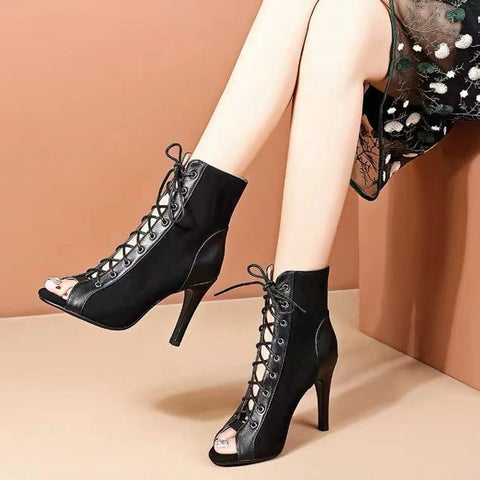 Lace-Up Sandals Heels 9CM Women's Shoes Summer 2022 Trend Black Sexy Peep Toe Boots Fashion Cloth Stilettos Jazz Dance Female