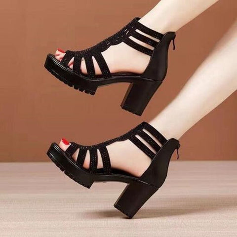 High Heels Gladiator Sandals Woman Open Head Sexy Black Rivet Block Heel Platform Shoes Summer Back Zip Size 35-40 Women Sandals