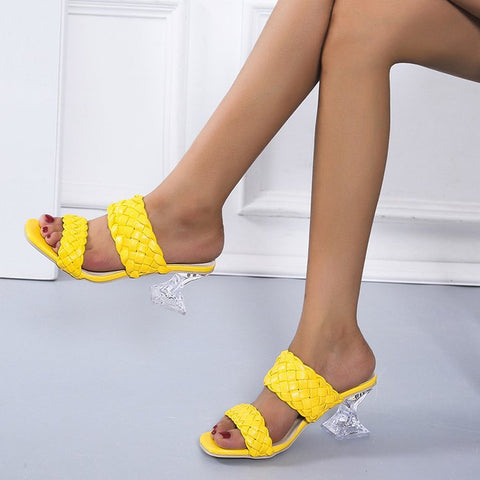 Slippers Women's Sandals Mules Clear Pyramid Heels with Double Braided Straps 7cm Transparent Fretwork Heels Women Shoes Female