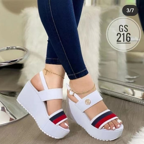 New Wedge Heel Thick Sole Ladies Sandals Summer Set Foot Color Matching Fashion Word Buckle Roman Casual Women's Shoes