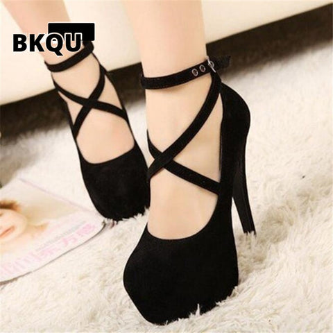 BKQU Red Black Super High Heel Stiletto Ladies Dress Pumps Fashion Cross Strap Party Platform Sandals Women's Scarpins Shoes