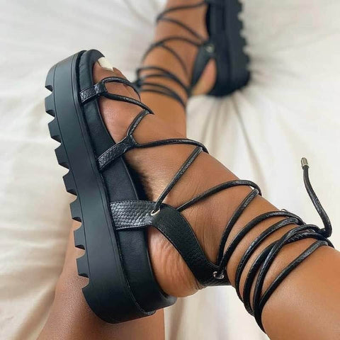 Fashion Woman Gladiator Sandals Ladies Wedge Shoes Female Lace Up Platform Shoes Women Cross Straps Thick Bottom Heeled Sandals