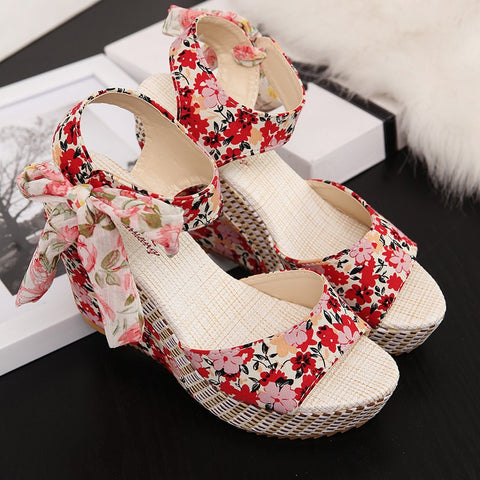 Ladies Summer Beach Boho Floral Wedge Sandals Women Ankle Strap Platform Gladiator Shoes Woman High Heels Sandalias Mujer