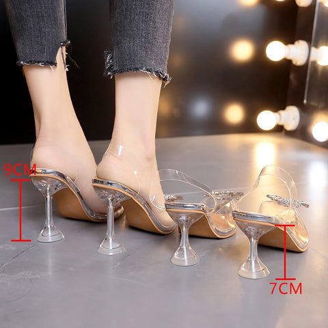 BCEBYL Summer Transparent Sandals Women Crystal Elegant Shoes Party Dress Ladies New Rhinestone Pointed Toe High Heels Zapatos