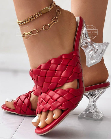 Slippers Women's Sandals Mules Clear Pyramid Heels with Double Braided Straps 7cm Transparent Fretwork Heels Women Shoes Female