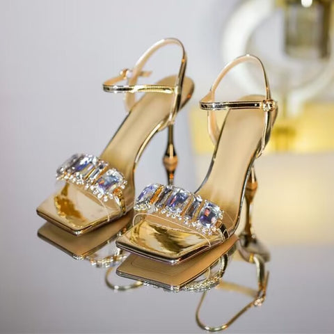 Gold Silver High Heels Sandals Women 2023 Summer Square Toe Shiny Crystal Sandals Woman Ankle Straps Thin Heel Party Pumps Shoes