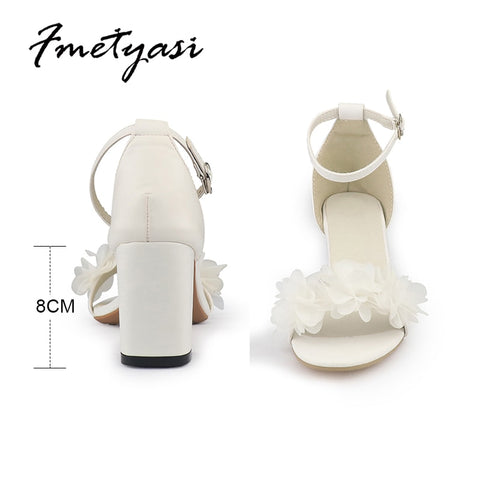 White Women Heels Flower Sandals Summer Wedding Shoes Bride Shoes Black Thick Heels Party Shoes Fashion Open Toe Women Pumps