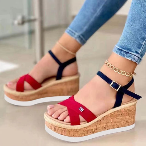 New Wedge Heel Thick Sole Ladies Sandals Summer Set Foot Color Matching Fashion Word Buckle Roman Casual Women's Shoes