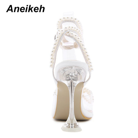 Aneikeh 2023 Summer White String Bead High Heels Wedding Shoes Butterfly-Knot Narrow Band Thin Heels  Square Toe Party Sandals