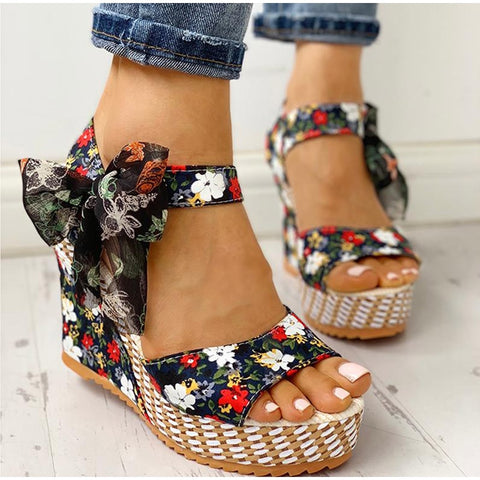 Ladies Summer Beach Boho Floral Wedge Sandals Women Ankle Strap Platform Gladiator Shoes Woman High Heels Sandalias Mujer