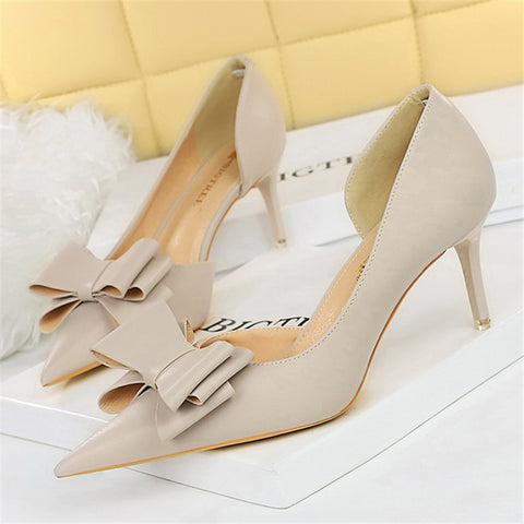 Women 7.5cm 10cm High Heels Korean Pumps Scarpins Cute Bow Middle Low Heels Lady Fetish Sweet Wedding Bridal Yellow Blue Shoes