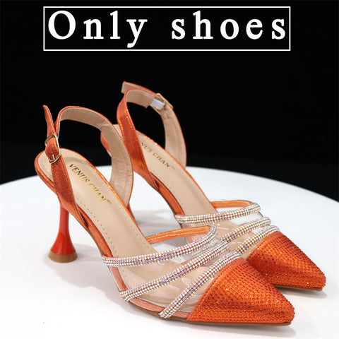 Venus Chan 2023 Newest INS Style Orange Color Elegant High Heels Nigeria Popular Design African Ladies Shoes And Bag Set