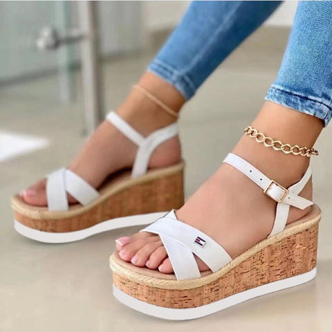 New Wedge Heel Thick Sole Ladies Sandals Summer Set Foot Color Matching Fashion Word Buckle Roman Casual Women's Shoes