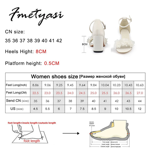 White Women Heels Flower Sandals Summer Wedding Shoes Bride Shoes Black Thick Heels Party Shoes Fashion Open Toe Women Pumps