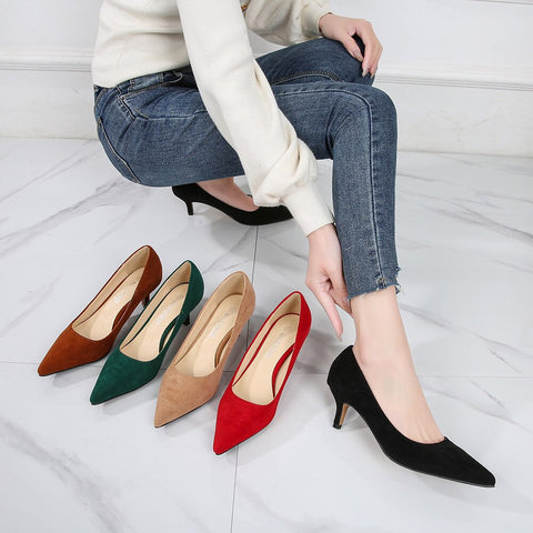 5cm New Fashion Pointed Toe Flock Pumps Low Heels Ladies Dress Women Red Shoes 44 45 46