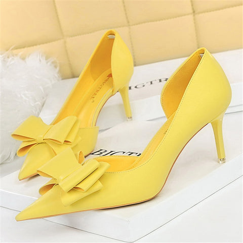 Women 7.5cm 10cm High Heels Korean Pumps Scarpins Cute Bow Middle Low Heels Lady Fetish Sweet Wedding Bridal Yellow Blue Shoes