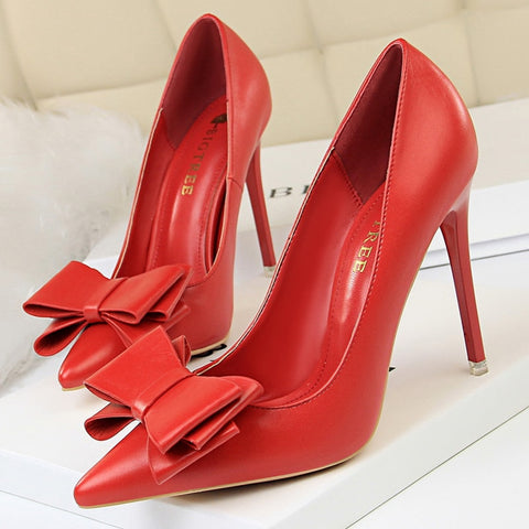 Women Fetish 10.5cm High Heels Blue Yellow Pumps Butterfly Knot Leather Stiletto Heels Lady Escarpins Wedding Party Event Shoes