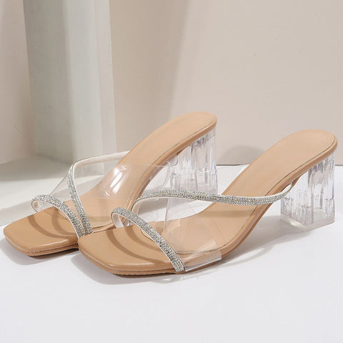 Shoes for Women 2023 Fashion Women's Sandals Summer Crystal Pvc Cross Strap Heeled Sandals Concise Square Toe High Slippers