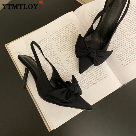 New Women's Shoes Pointed Toe Shallow Nude Pink Diamond Low Heel Back Strappy Shoes Women Green Heels Sandals  Butterfly-knot