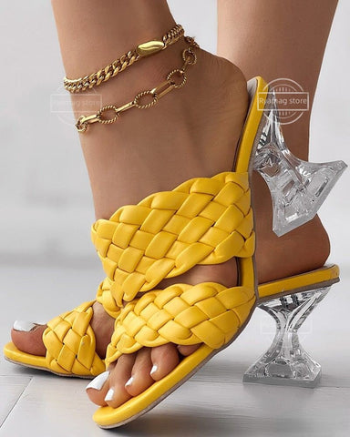 Slippers Women's Sandals Mules Clear Pyramid Heels with Double Braided Straps 7cm Transparent Fretwork Heels Women Shoes Female