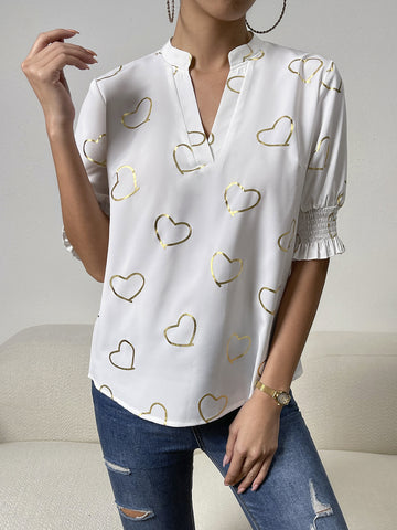 Heart Print Notched Neck Half Sleeve Blouse