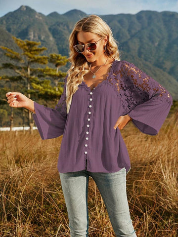 Spliced Lace Buttoned Blouse