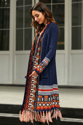 Bohemian Tassel Hem Open Front Duster Cardigan