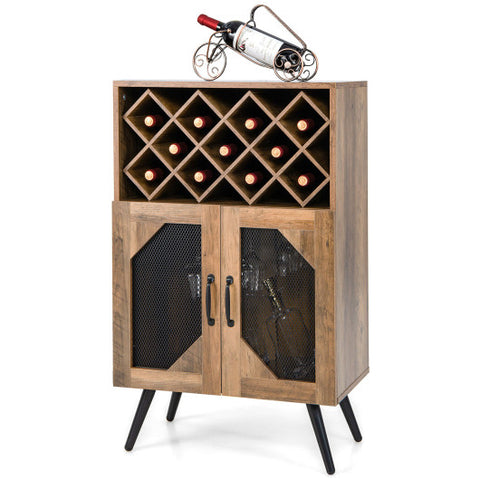 2-Door Farmhouse Kitchen Storage Bar Cabinet with Wine Rack and Glass Holder-Rustic Brown