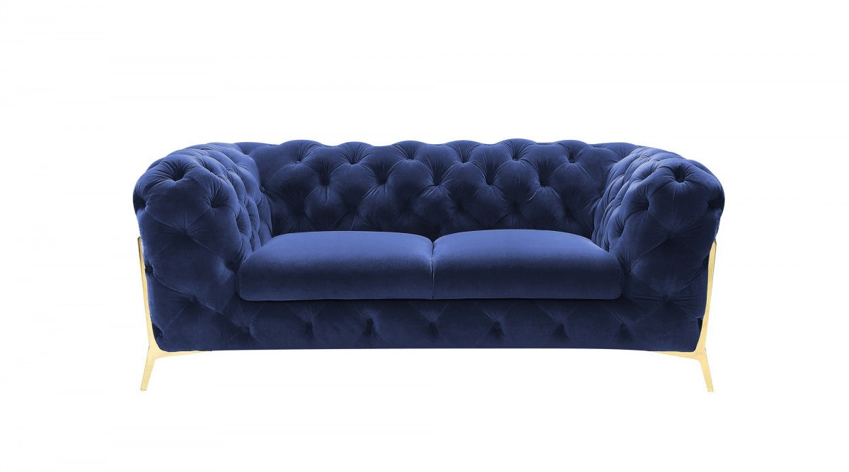 Contemporary 74" Blue Velvet And Gold Loveseat