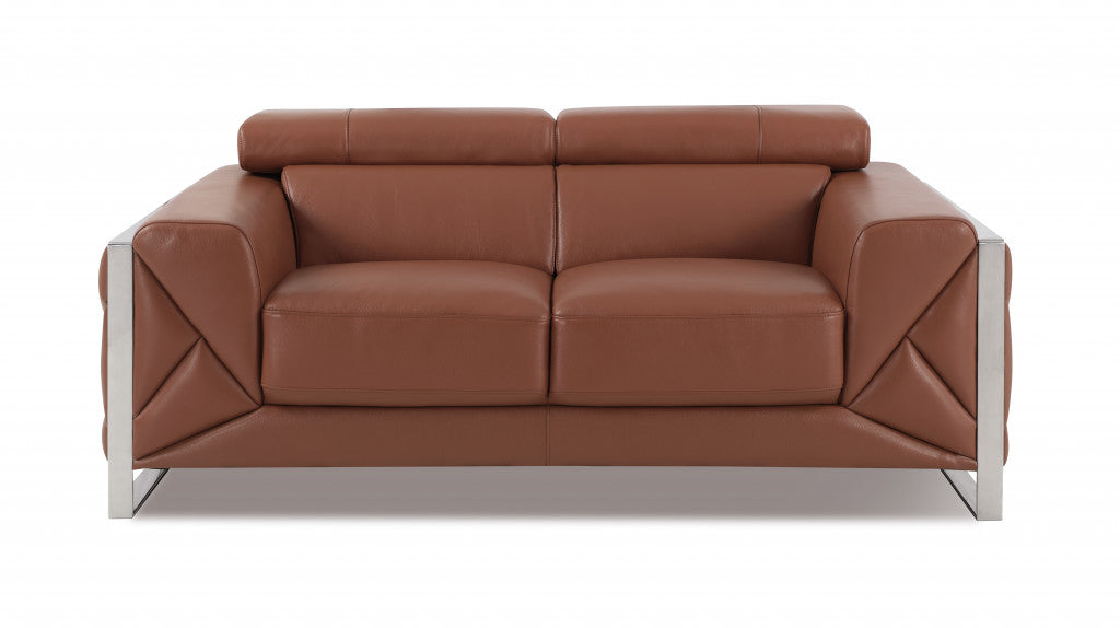 75" Camel Brown Italian Leather and Chrome Love Seat