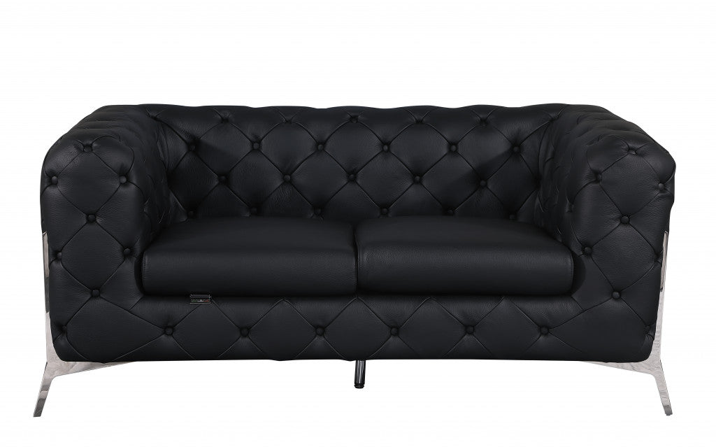 69" Black Tufted Italian Leather and Chrome Love Seat