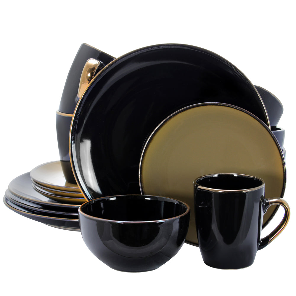 Elama Cambridge Grand 16-piece Dinnerware Set In Luxurious Black And Warm Taupe With Complete Setting For 4