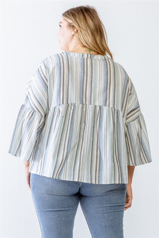 Plus Light Blue Stripe Print Cotton Button-up Flare Hem Top