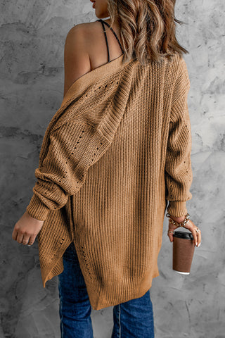 Openwork Rib-Knit Slit Cardigan