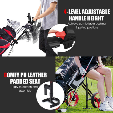 Foldable 3 Wheels Push Pull Golf Trolley with Scoreboard Bag-Red