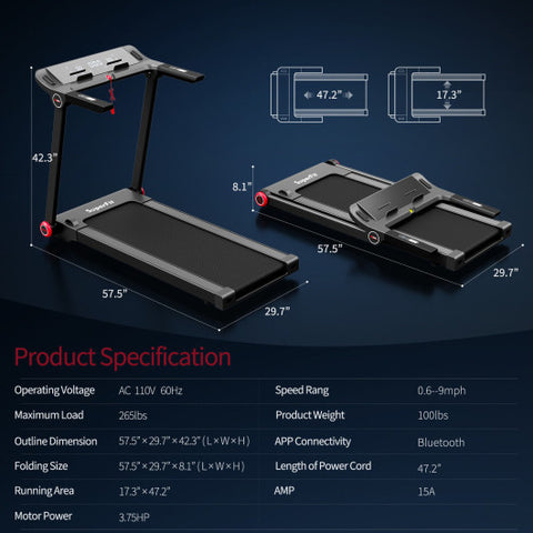 3.75HP Folding Treadmill Electric Running Machine with Bluetooth APP Self-standing