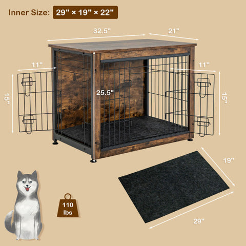 Wooden Dog Crate Furniture with Tray and Double Door-Brown