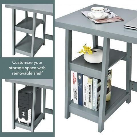 Trestle Computer Desk Home Office Workstation with Removable Shelves-Gray