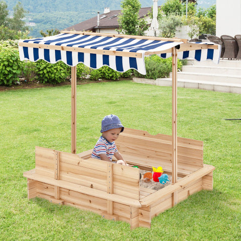 Kids Wooden Sandbox with Canopy and Foldable Bench Seats