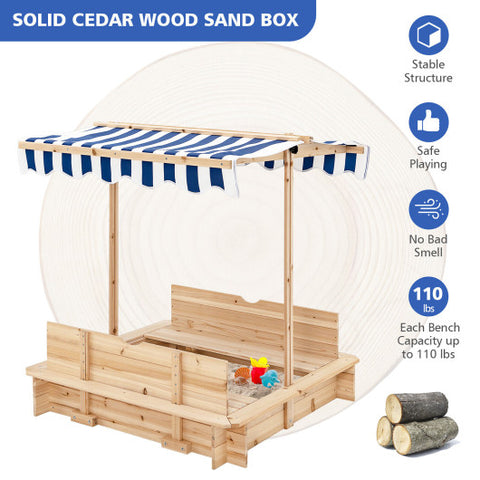 Kids Wooden Sandbox with Canopy and Foldable Bench Seats