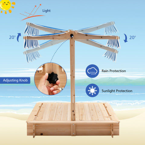 Kids Wooden Sandbox with Canopy and Foldable Bench Seats