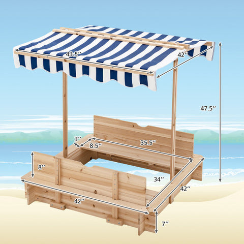 Kids Wooden Sandbox with Canopy and Foldable Bench Seats