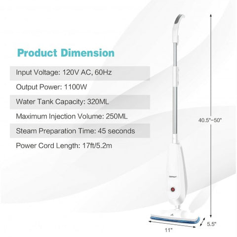 1100 W Electric Steam Mop with Water Tank for Carpet-White